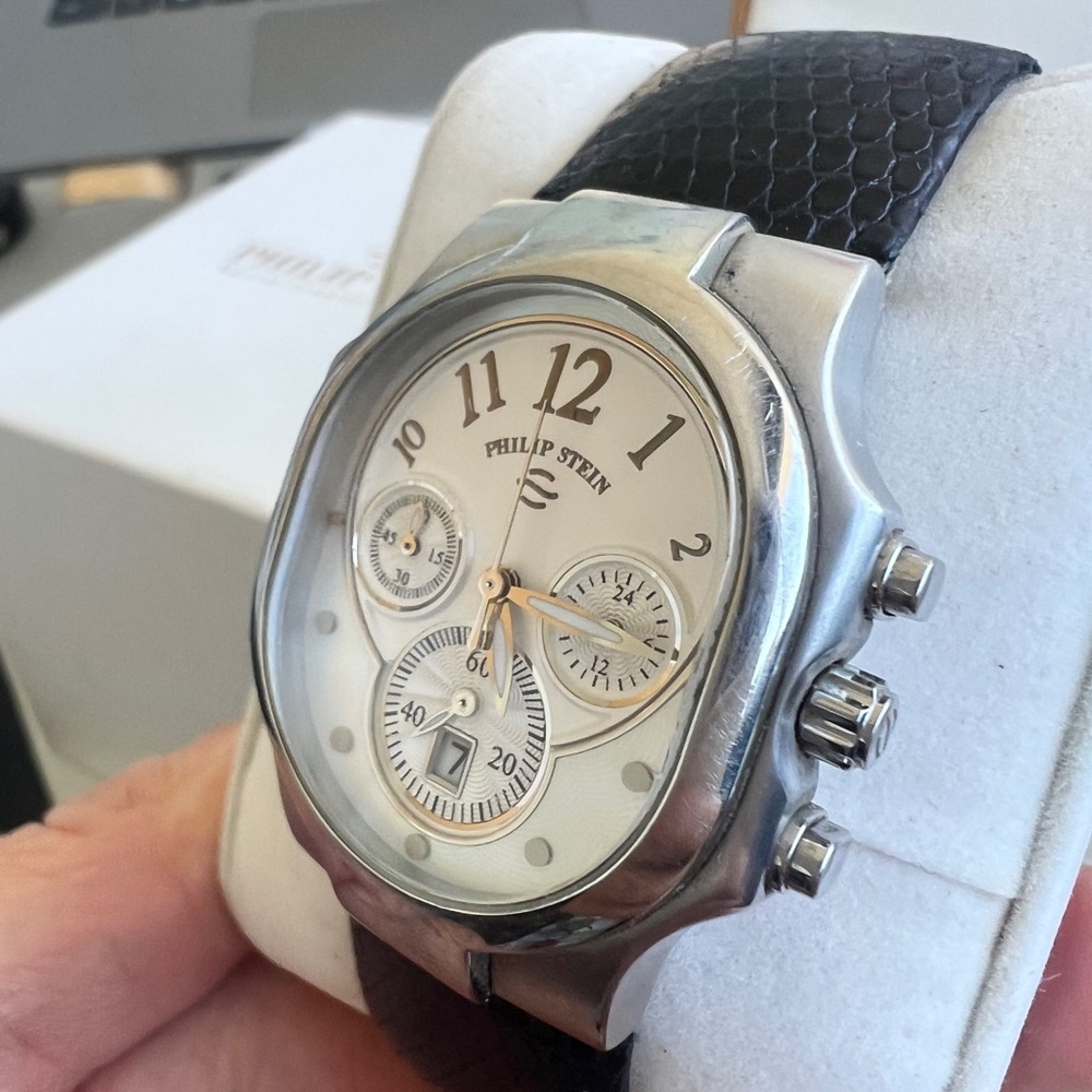 Philip Stein Silver Case Watch with Black Strap
